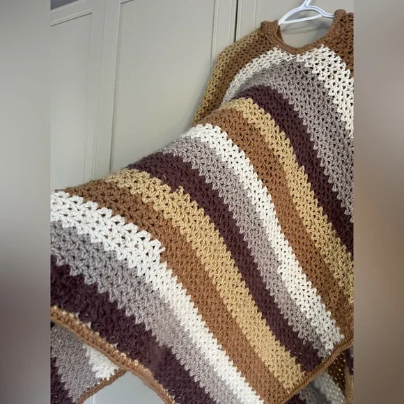 Hand Crochet Striped Cottagecore Boho Folk Hooded Poncho - Picture 6 of 9